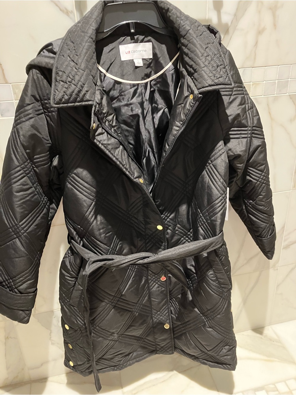 NWT Liz Claiborne Black Quilted Belted Puffer Coat large
